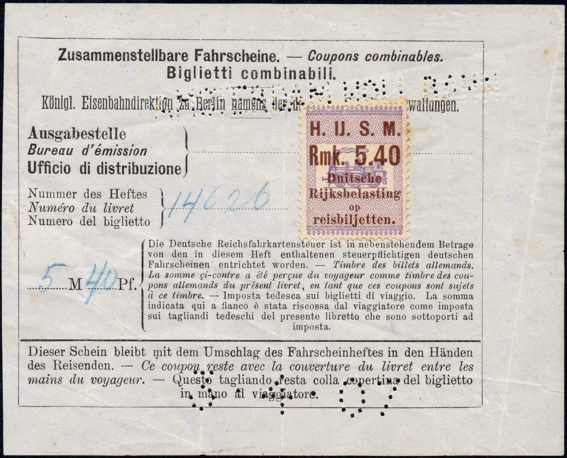 Netherlands Hollandse IJzeren Spoorweg-Maatschappij (H.IJ.S.M.) German Ticket Tax stamped coupon docket receipt